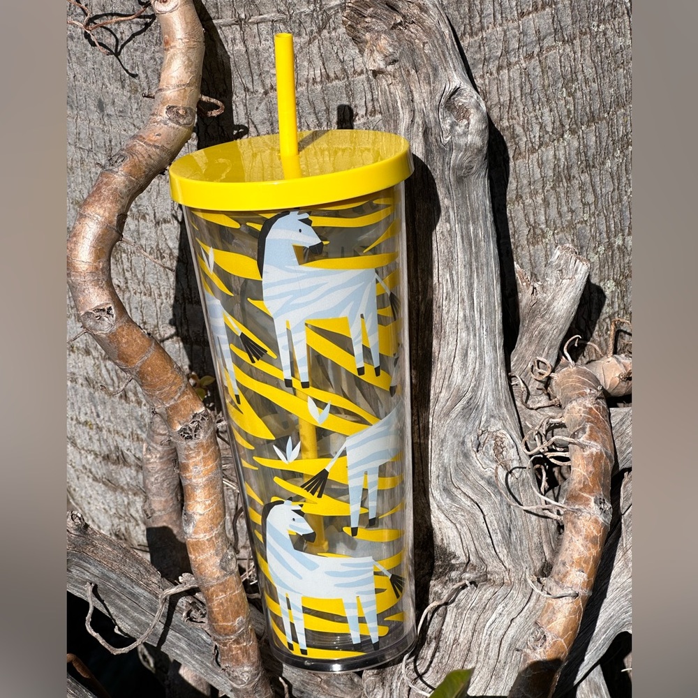 Rare STARBUCKS Zebra Venti 24 oz Cold Cup Tumbler Yellow Black w/ Straw
